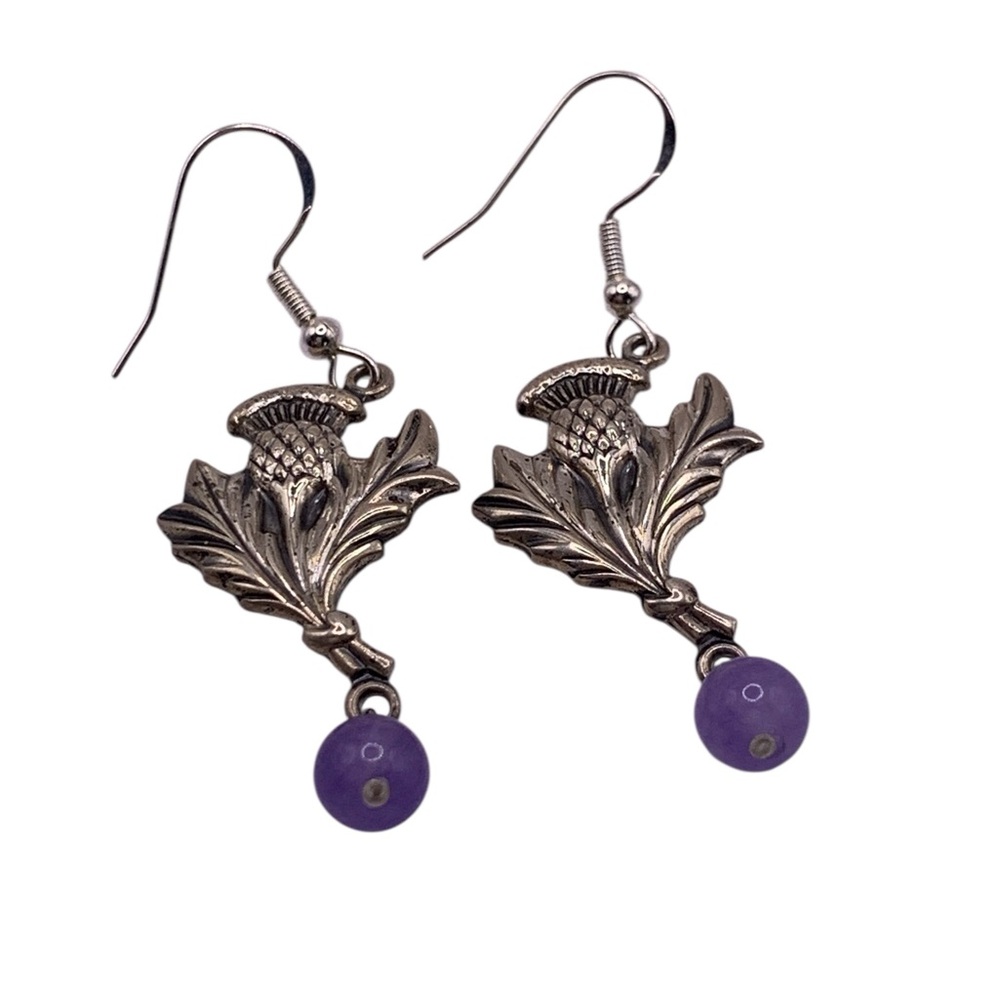 Sterling Silver Scottish Thistle Earrings with Genuine Purple Amethyst Accents